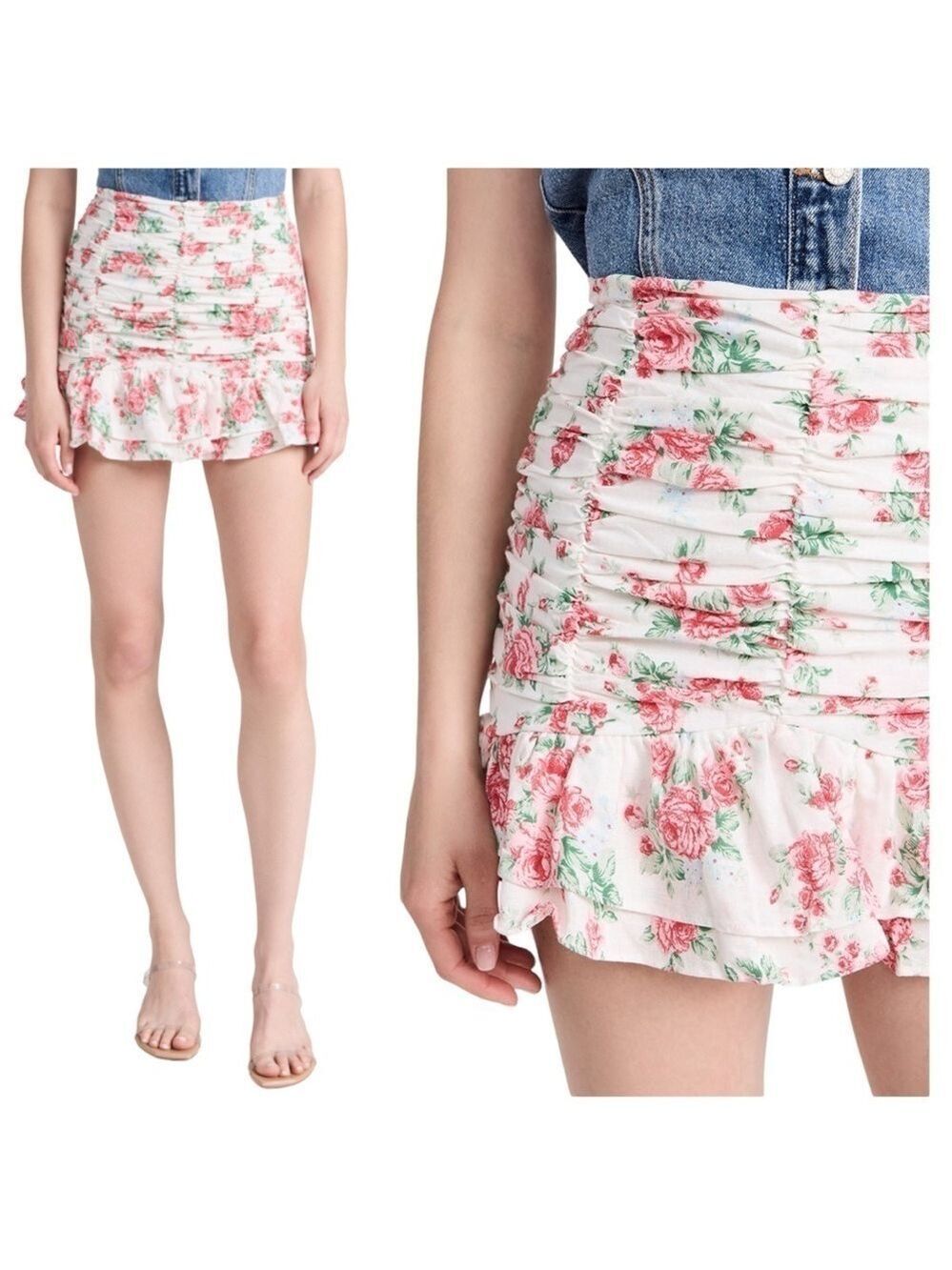 Endless Rose Revolve Linen Ruched Draped Ruffle Hem Mini Skirt - Picture 2 of 16